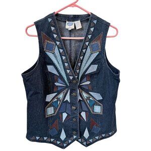 VTG DG2 by Diane Gilman Denim Vest M Turquoise Blue Aztec Southwestern Beaded We
